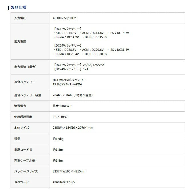 12V 24V バッテリー専用 DC12V DC24V 25A 充電器 2738