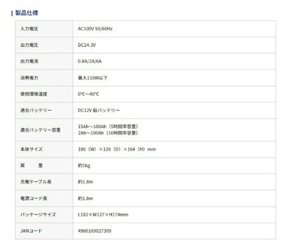 12Vバッテリー専用 DC12V 6A 充電器 2730