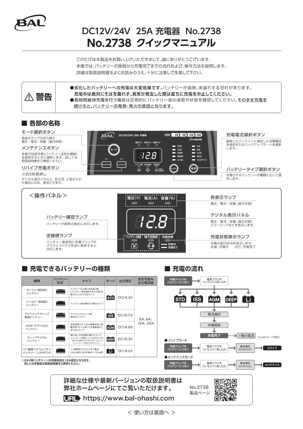 12V 24V バッテリー専用 DC12V DC24V 25A 充電器 2738