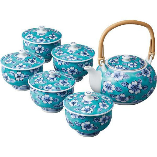 有田焼　福丈窯　染錦緑彩桜絵番茶器揃（手描）