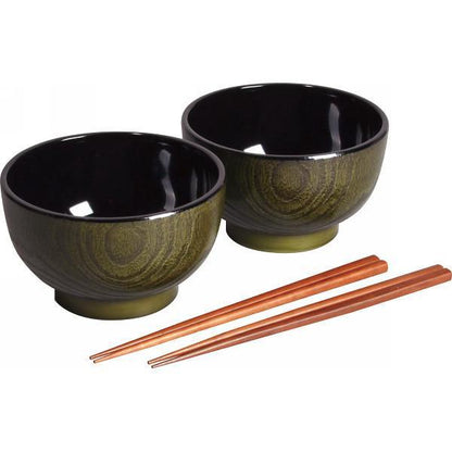 杢目塗　どんぶり椀２客（箸付） 抹茶杢