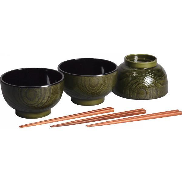 杢目塗　どんぶり椀３客揃（箸付） 抹茶杢