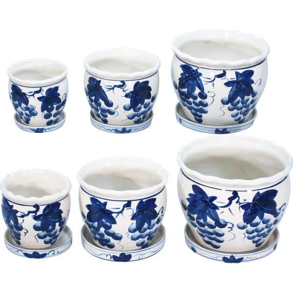 陶器植木鉢６点セット（受皿付） ブドウ柄