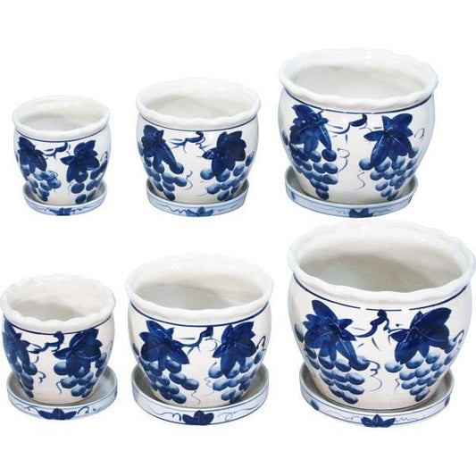 陶器植木鉢６点セット（受皿付） ブドウ柄